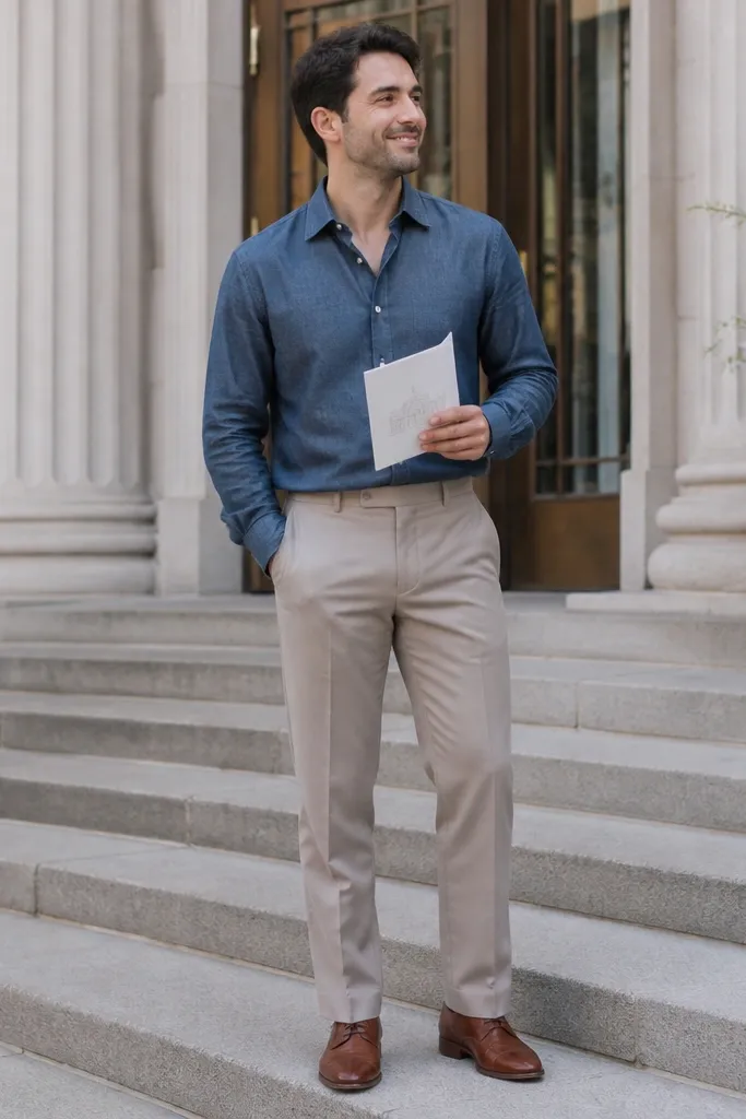 Navy chambray shirt with light khaki trousers and brown oxford shoes