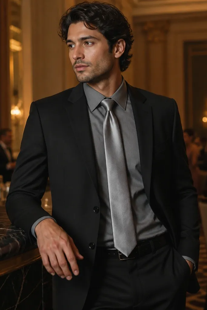 Black suit with gray dress shirt and silver-gray silk tie
