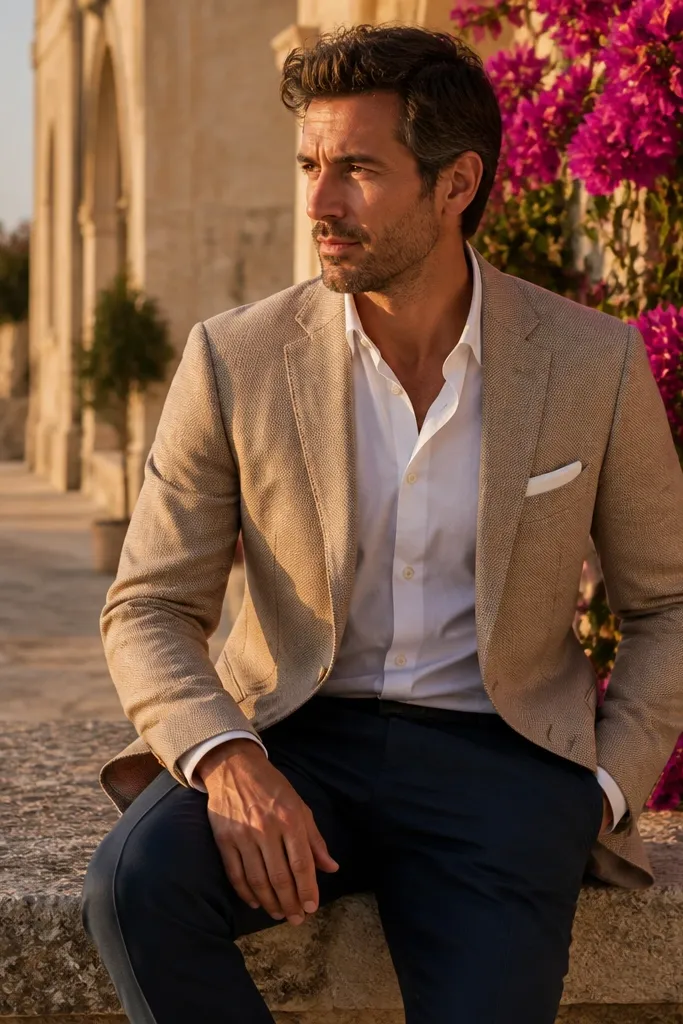 Tan blazer with white button-down, navy chinos, and white pocket square