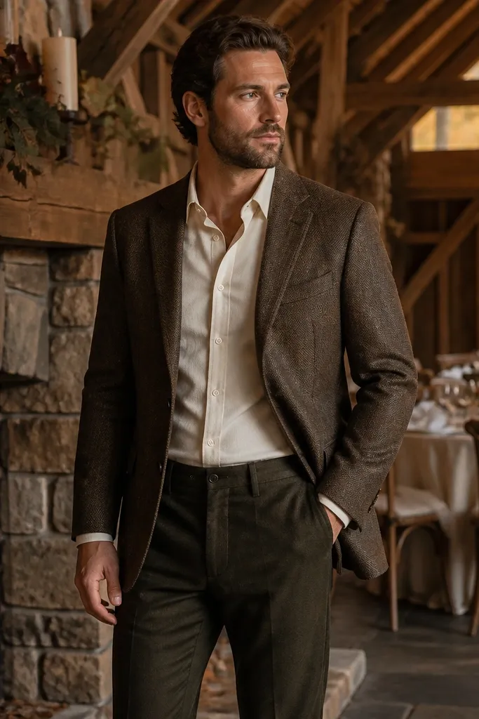 Brown tweed blazer with cream shirt and dark olive trousers