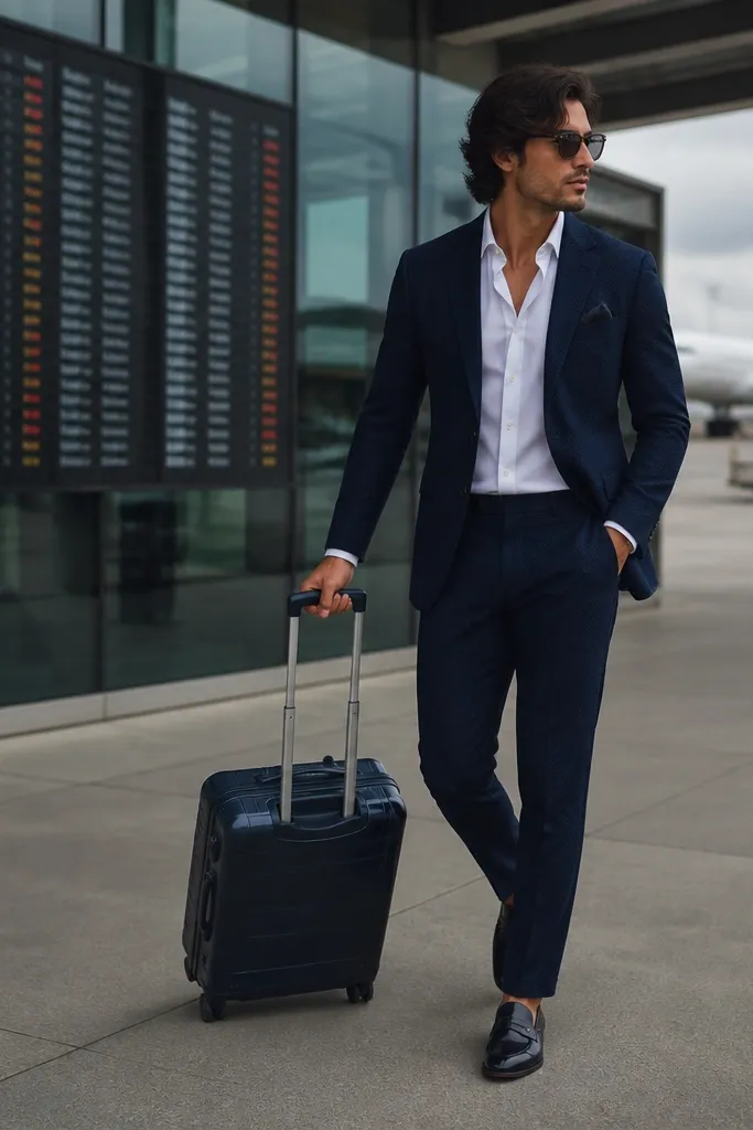 Navy knit suit with open-collar shirt and loafers