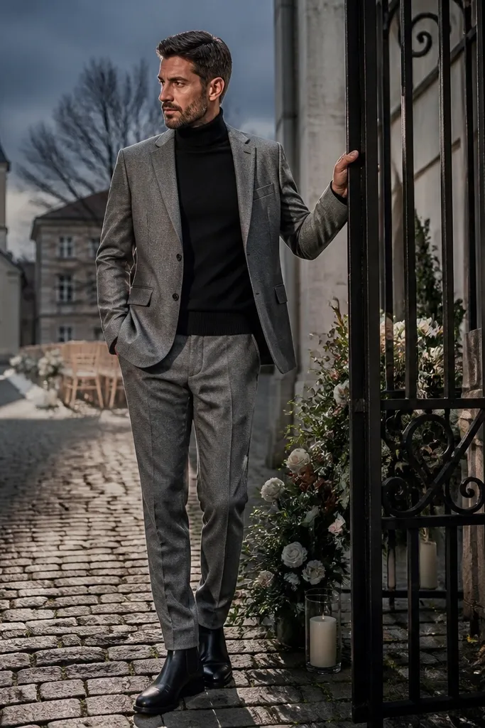 Gray suit with black turtleneck and black Chelsea boots