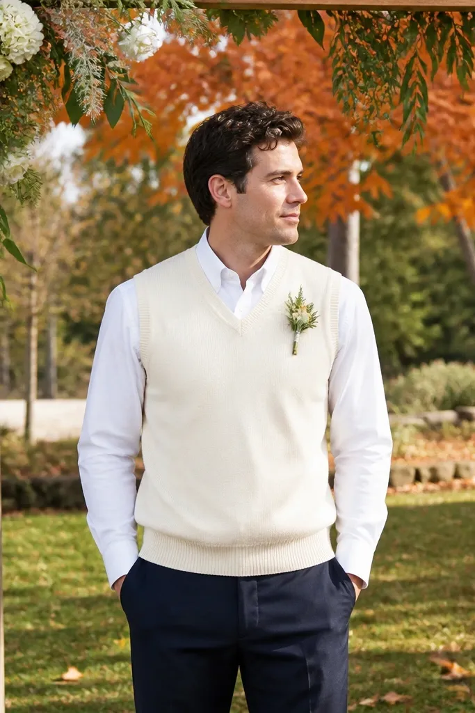 Cream sweater vest over white shirt with navy trousers