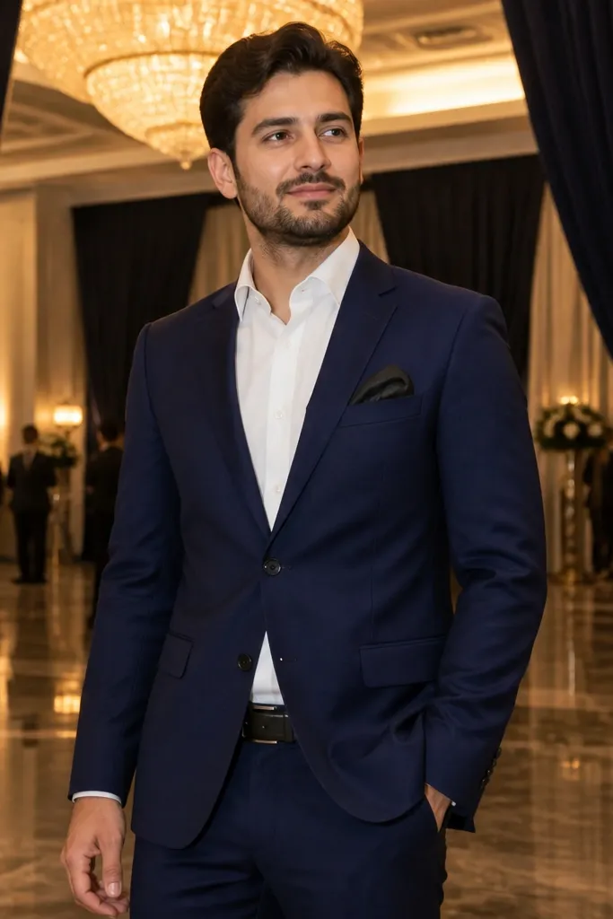Midnight blue suit with white shirt and black satin pocket square