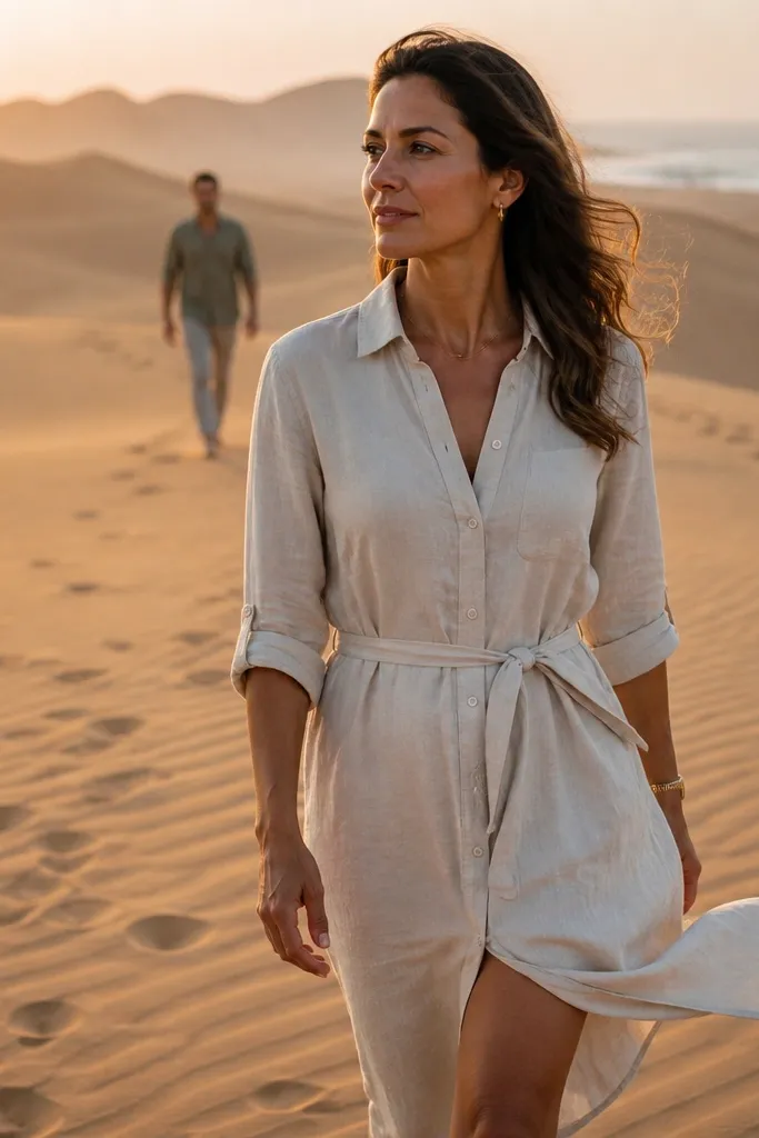 Couple in cream linen walking on pale sand dunes with sunrise glow behind them