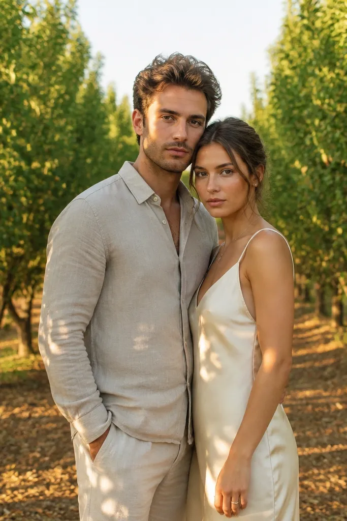 Couple walking between orchard rows with warm sunlight filtering through trees