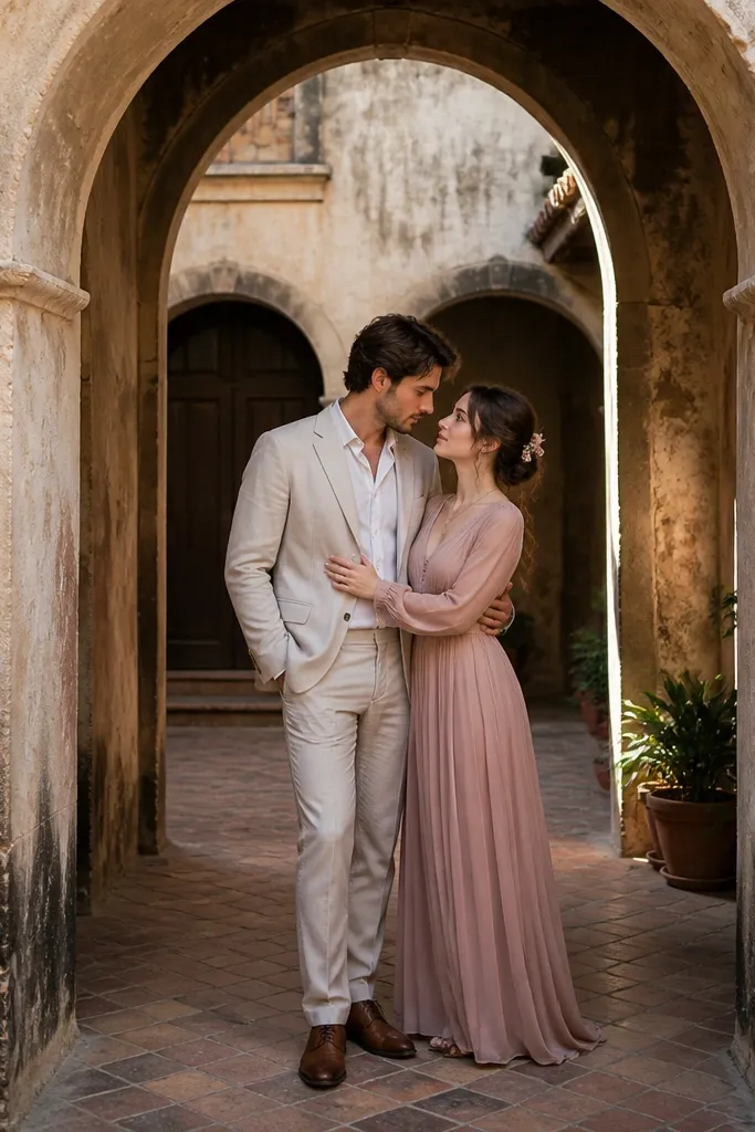 Couple posed near white stone courtyard walls with soft shade and warm light