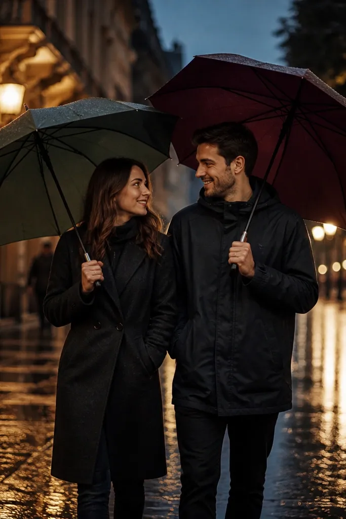 Couple under umbrellas on a wet street with warm streetlight reflections