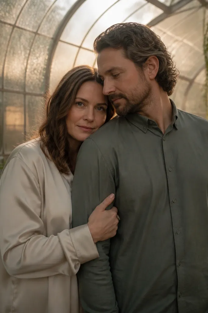 Couple in soft outfits inside a greenhouse with misty light and plants around them