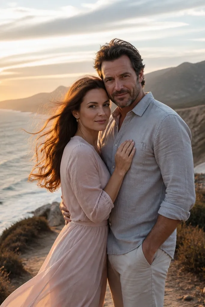 Couple on a cliffside path with wind moving fabric and sunset sky behind them