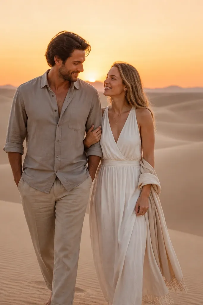Couple in pale outfits standing on soft sand with orange sunset sky
