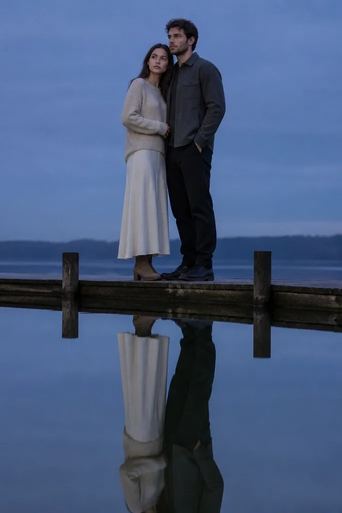 Couple on a dock at dusk with deep blue sky and mirror-like lake reflections
