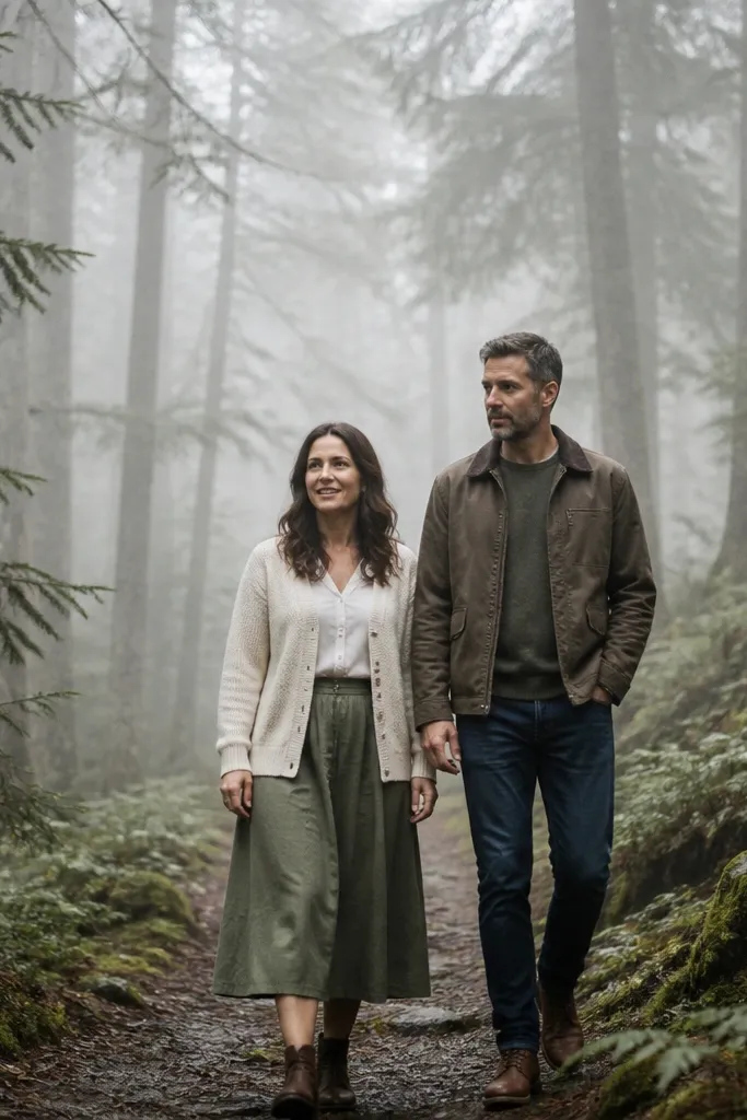 Couple walking on a forest path with light fog and soft green trees