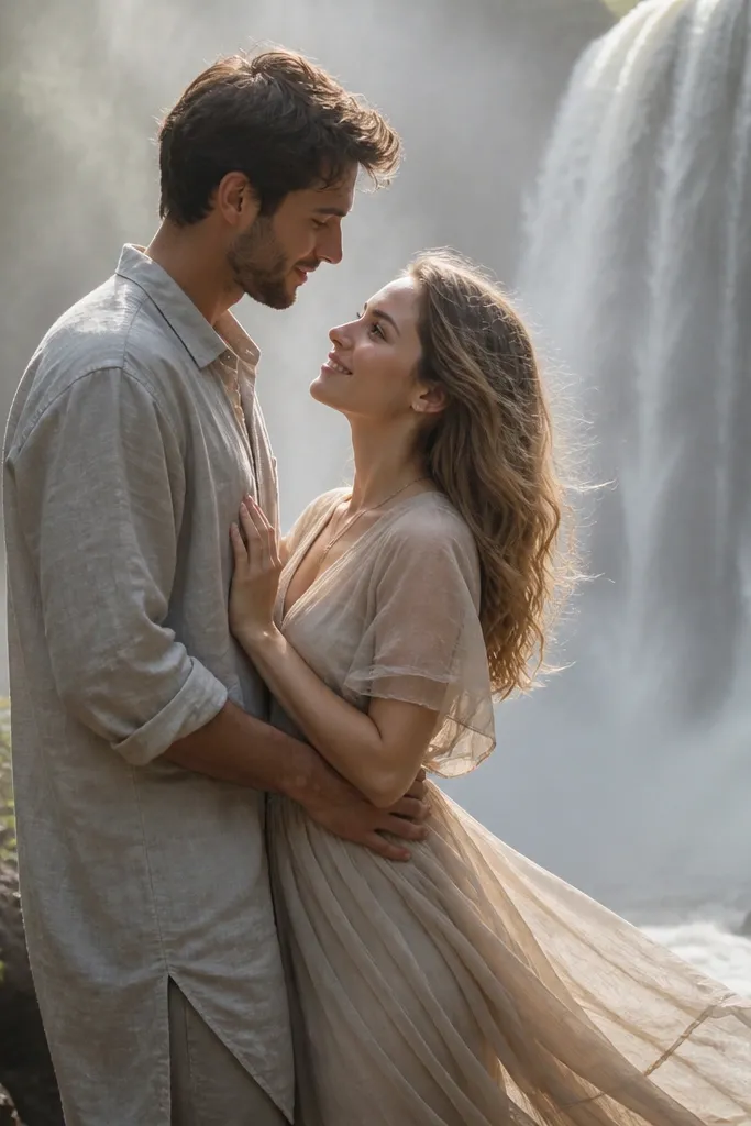 Couple near a waterfall with mist in the air and flowing fabric accents