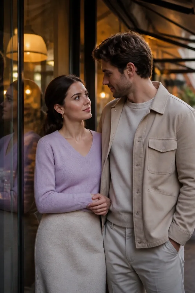 Couple walking past café windows with warm light and soft evening colors