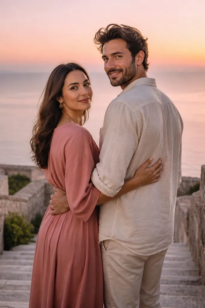 Couple on outdoor steps with pastel sky gradient and soft side lighting
