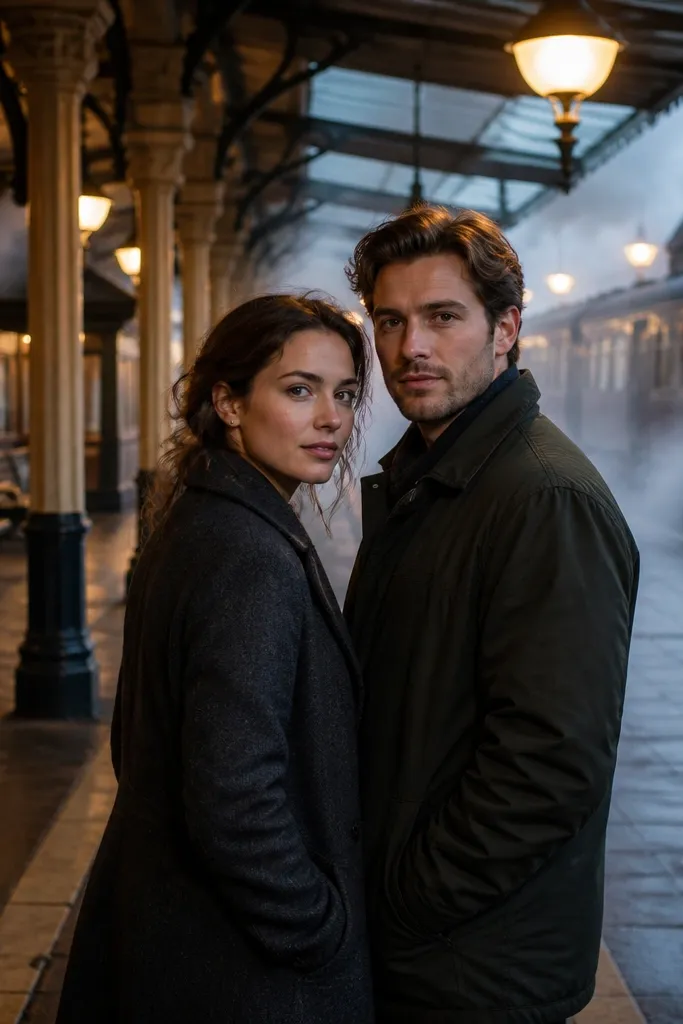 Couple on a quiet platform with warm lights and soft haze in the evening air