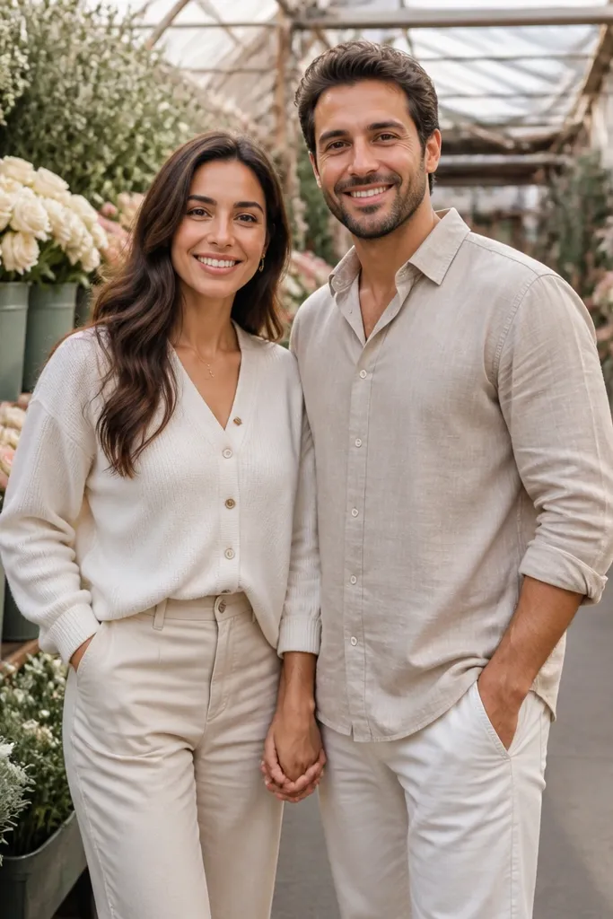 Couple in soft outfits standing among orderly flower stalls with pastel blooms
