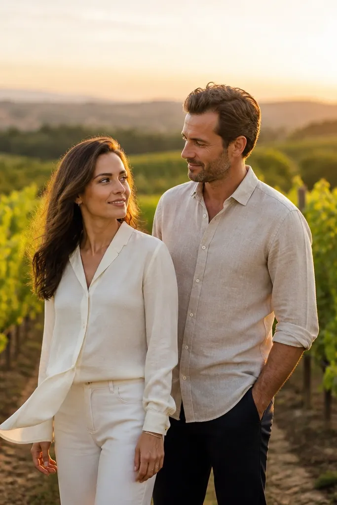 Couple standing between vineyard rows at sunset with warm light and muted greens