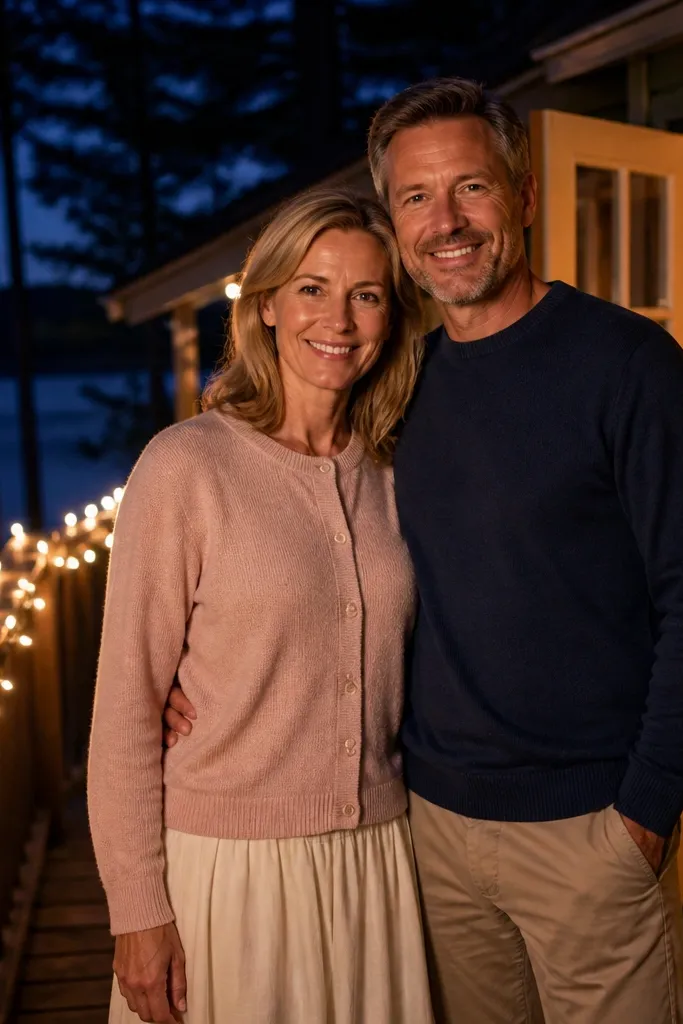 Couple on a cottage porch with warm string lights and soft evening mood
