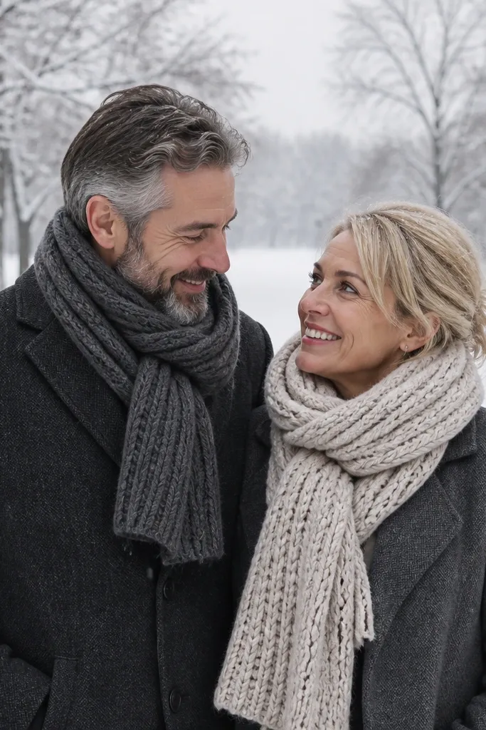 Couple in wool coats walking through a snowy park with gentle overcast light