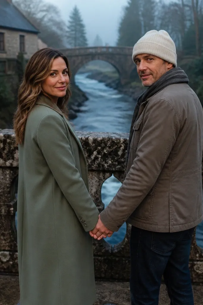 Couple on a stone bridge with a flowing river below and soft evening light
