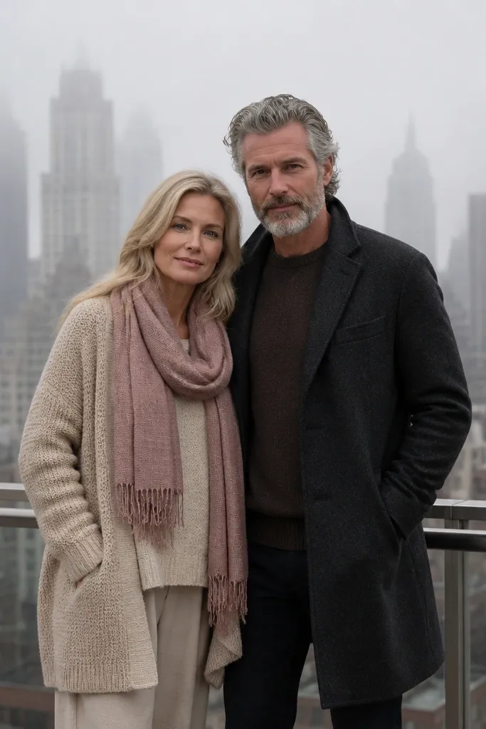 Couple in knit layers on a rooftop with a foggy skyline and soft horizon glow