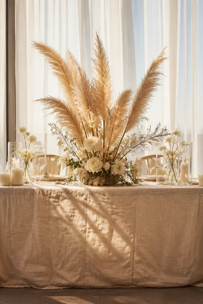 Cream linen sweetheart table with pampas feathers and airy neutral decor