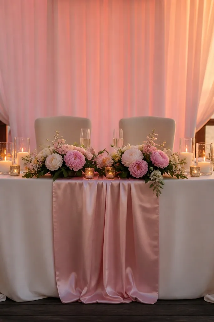Blush satin runner with peony-like flowers and sheer drape behind the sweetheart table