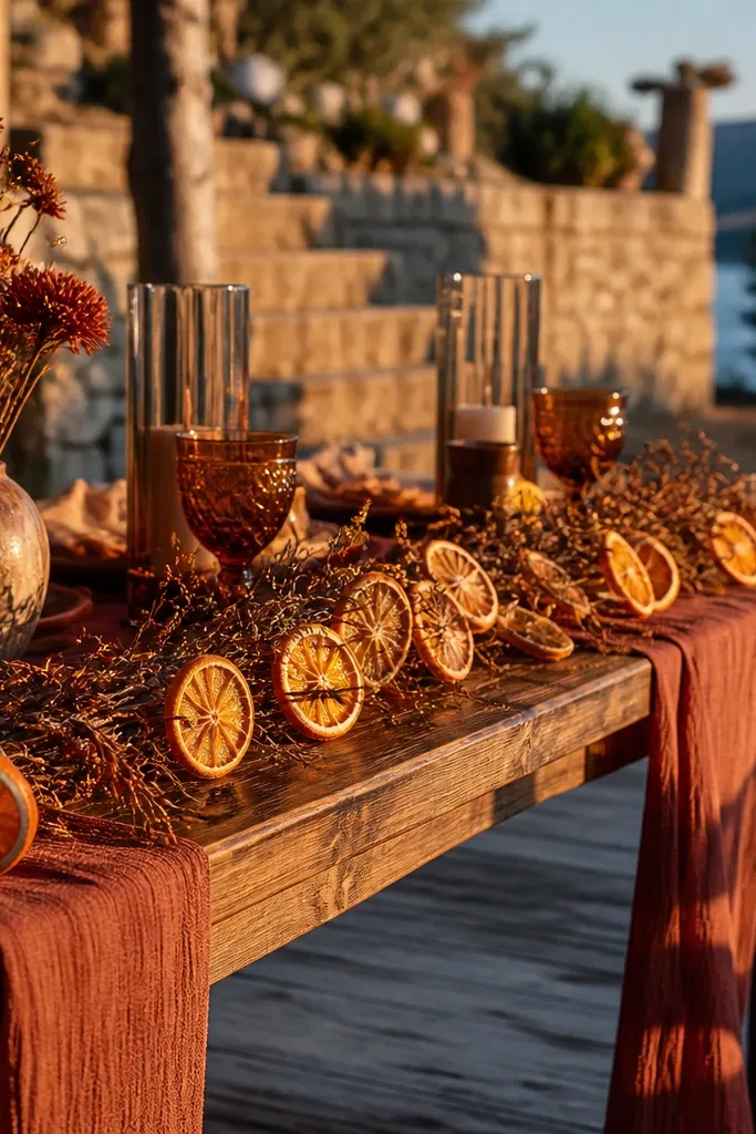 Terracotta and dried citrus garland over sweetheart table with warm-toned decor