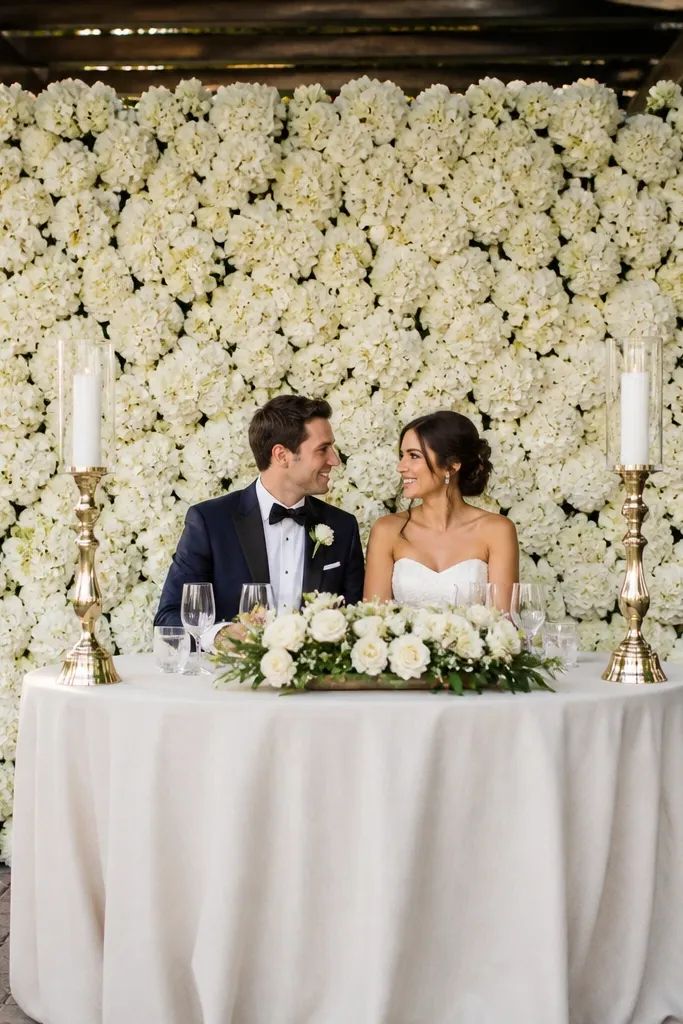 White hydrangea wall backdrop with gold candlesticks on a sweetheart table