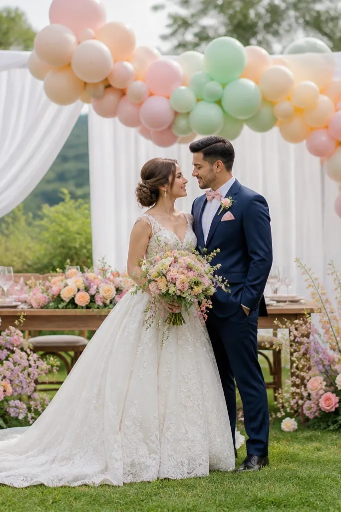 Pastel floral centerpiece with balloon garland behind sweetheart table