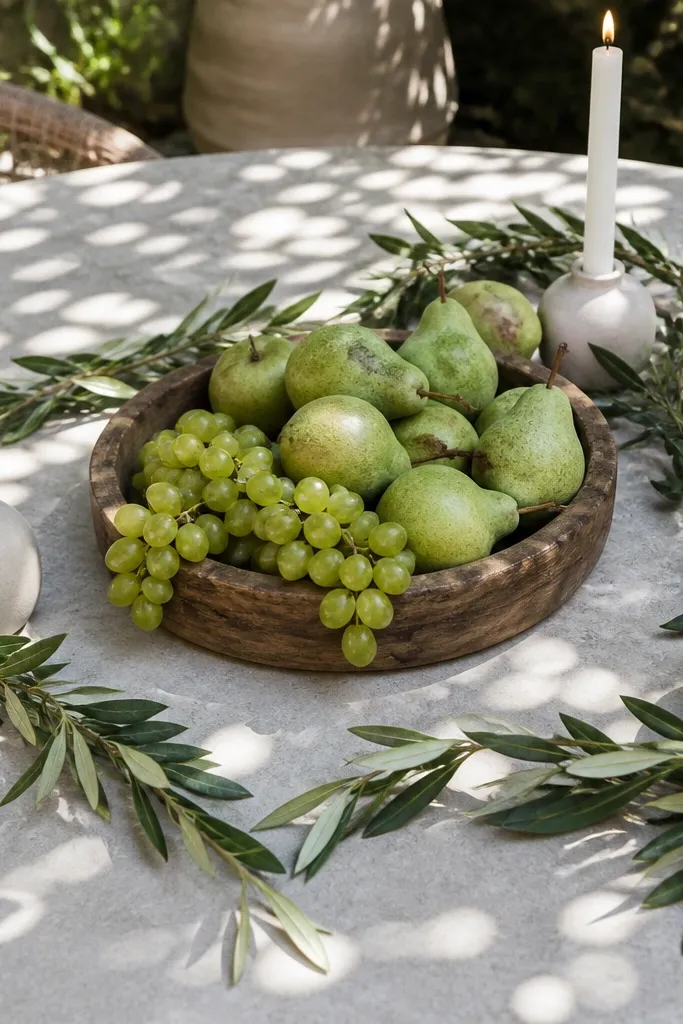 Olive branches and white candles on a neutral sweetheart table with natural textures