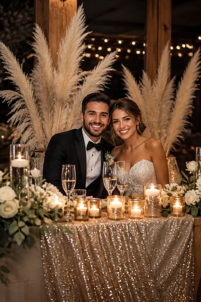 Champagne sequin runner with tall pampas grass on sweetheart table