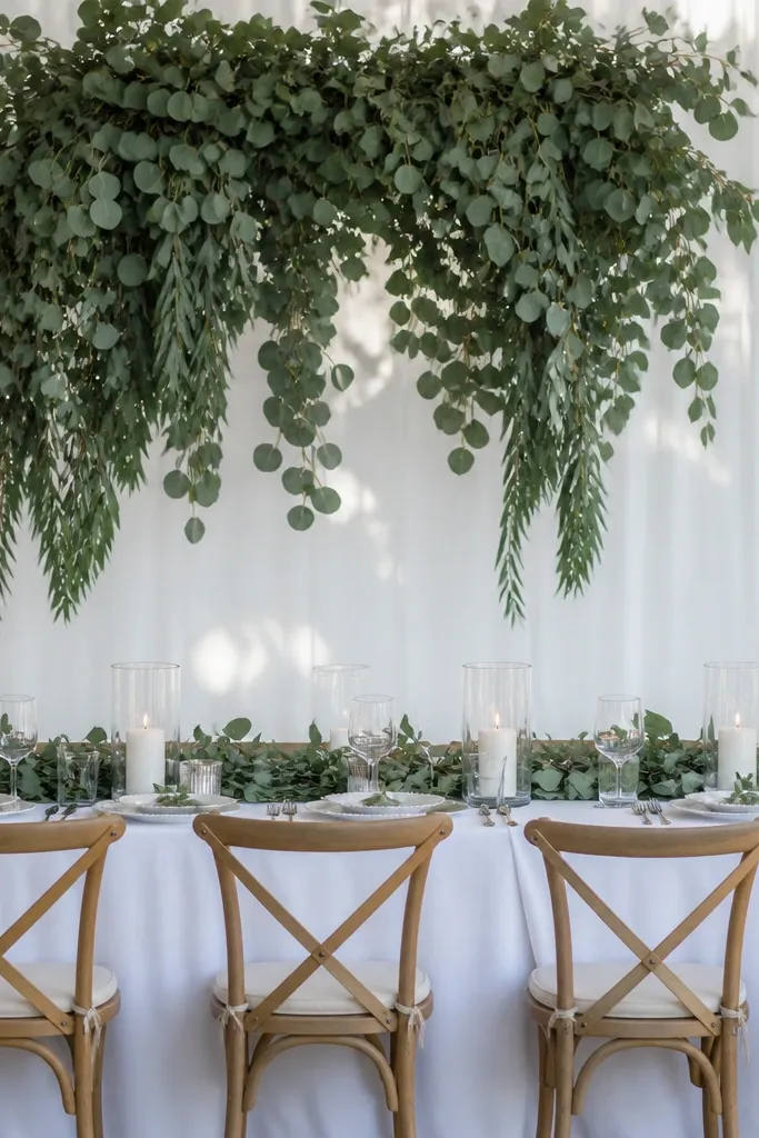 White linen sweetheart table with monochrome greenery cascade and clean centerpiece