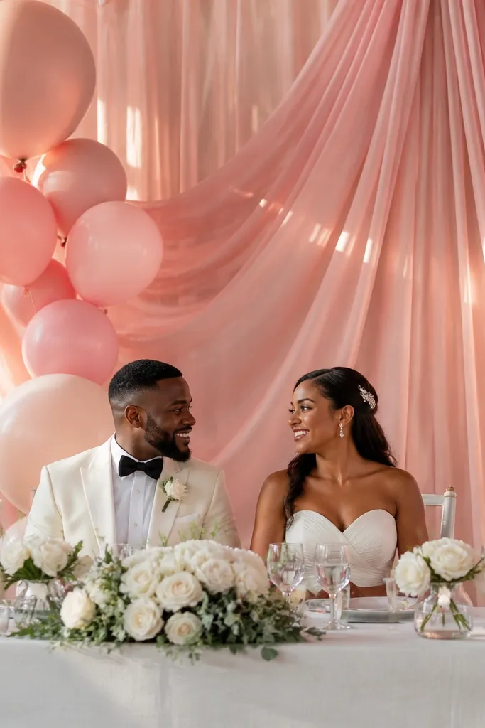 Blush balloon cluster with rose quartz drapes behind sweetheart table