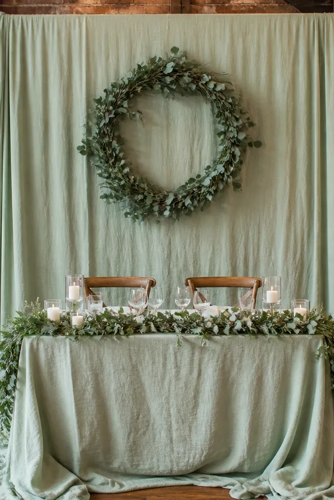 Sage linen sweetheart table with eucalyptus wreath backdrop and simple florals