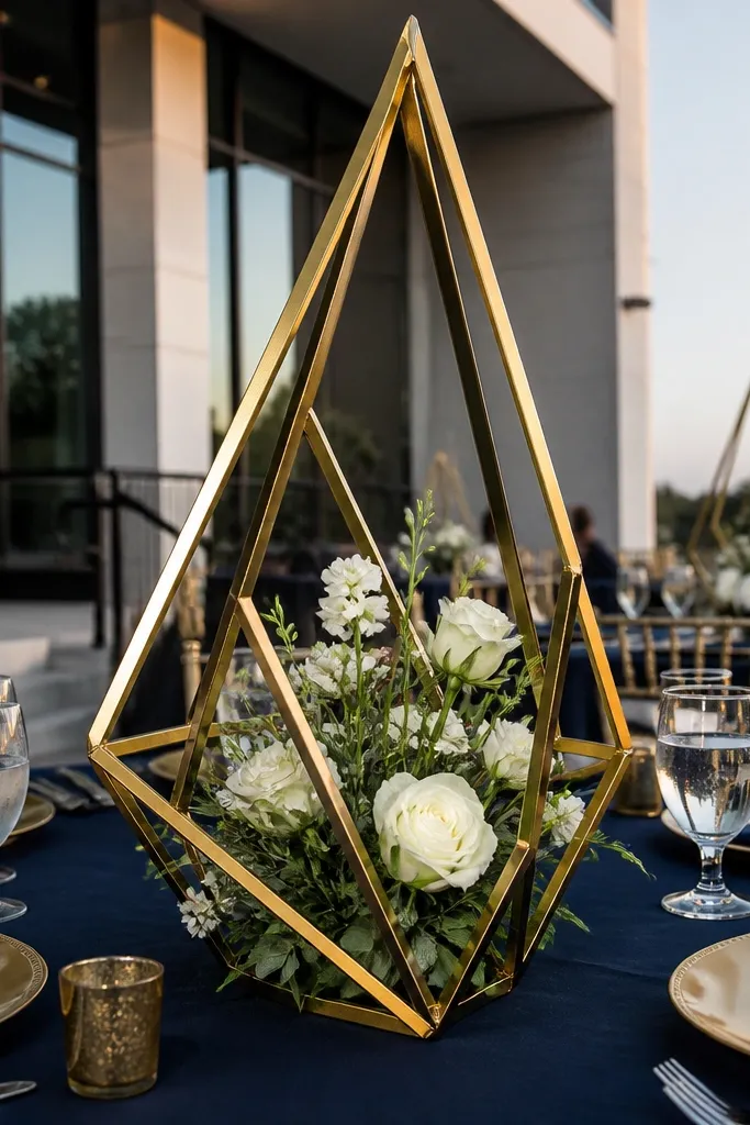 Navy sweetheart table with gold geometric centerpiece and minimal florals