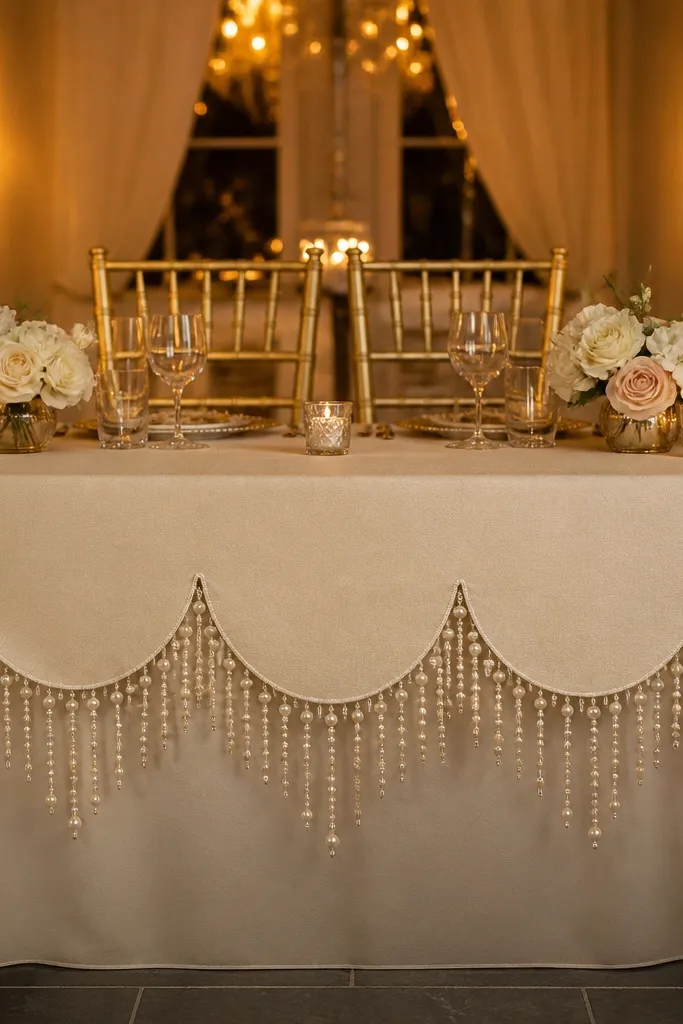 Ivory sweetheart table with scalloped overlay and pearl bead fringe backdrop