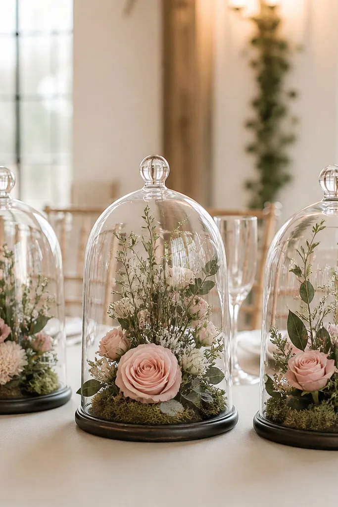 Glass cloche trio on sweetheart table with blush florals and greenery