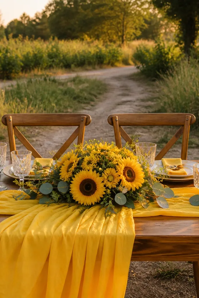 Yellow runner with sunflower-style centerpiece and greenery on sweetheart table