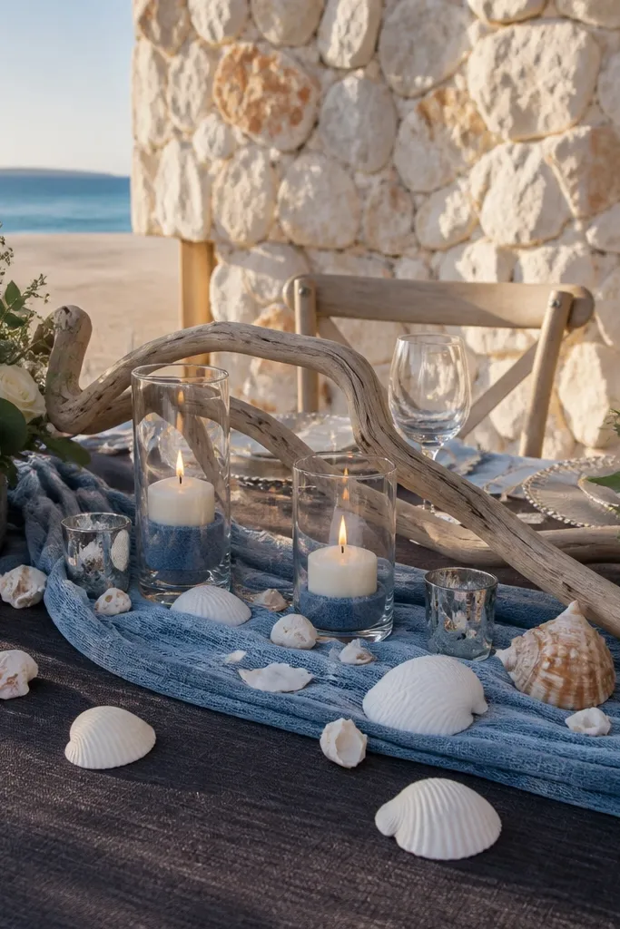 Coastal blue linen sweetheart table with shell accents and driftwood frame