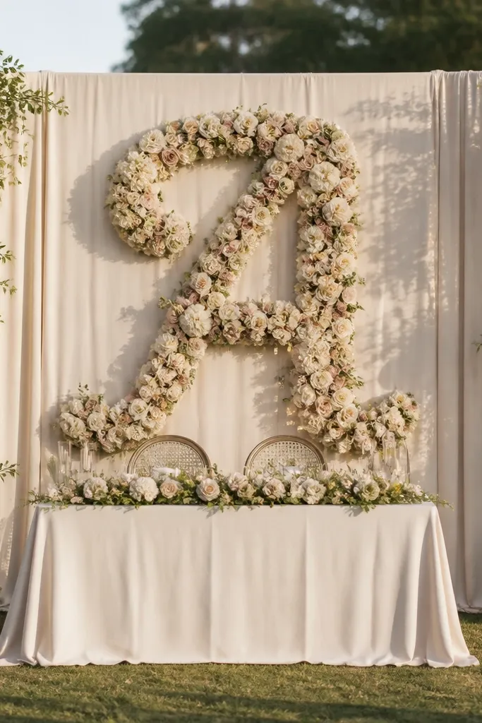 Cream linen sweetheart table with floral monogram initial backdrop