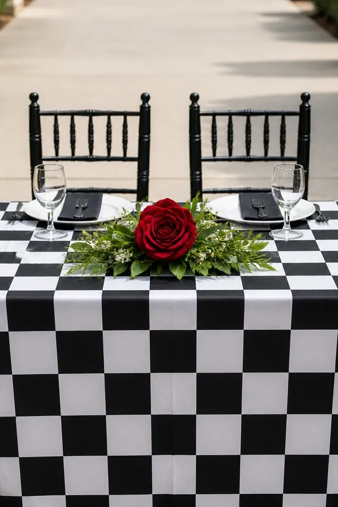Black-and-white checker sweetheart table with a red rose centerpiece