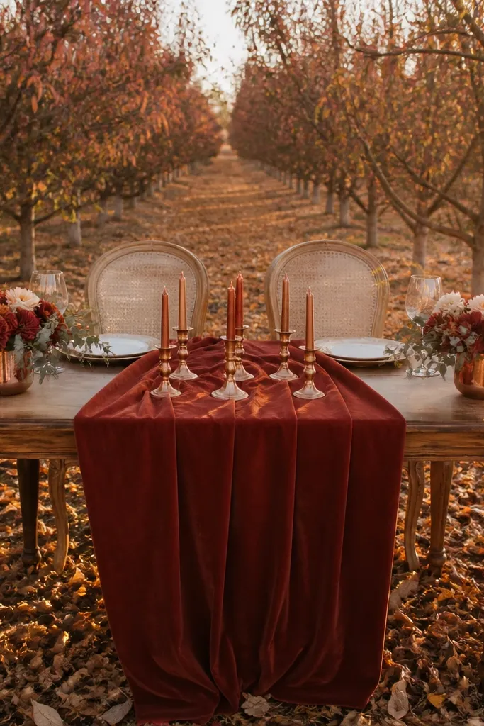 Rust velvet runner with copper candles on a wooden table, orchard trees behind