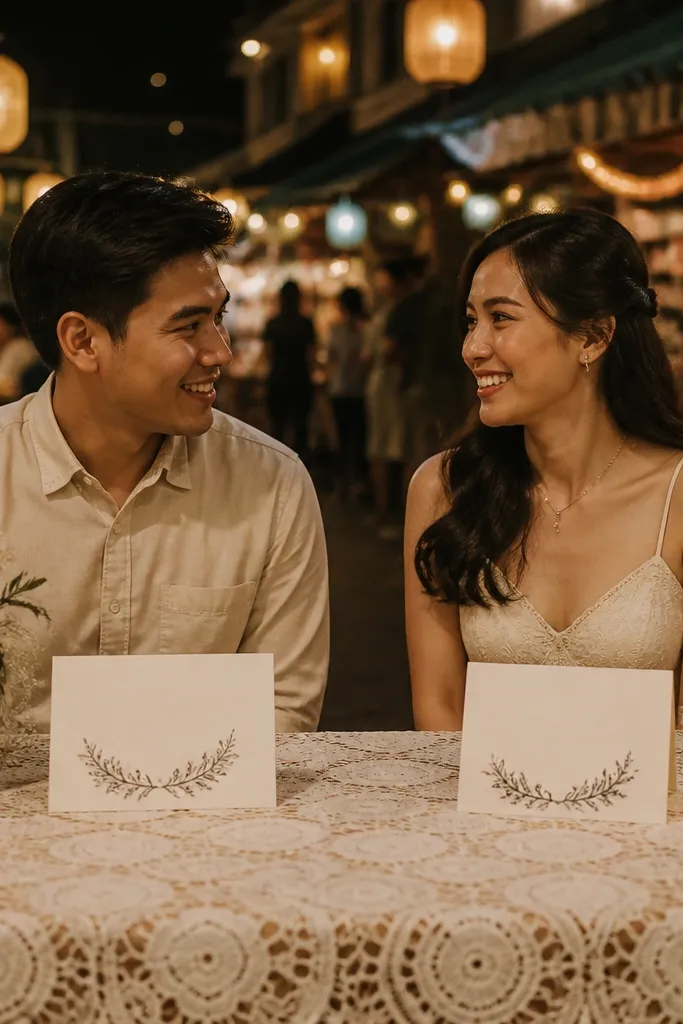 Ivory lace cloth with black calligraphy cards and warm string lights behind