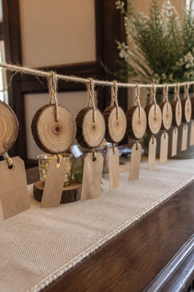 Round wood slices with guest names hung on a twine line
