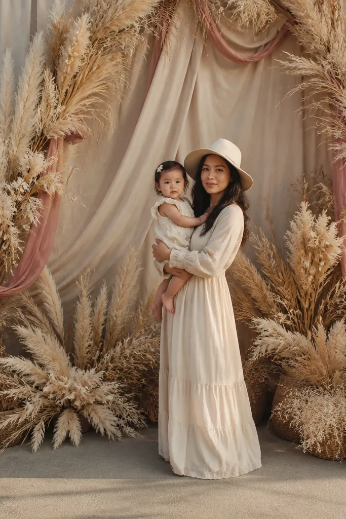 Tall pampas plumes and dried grass behind a cream linen drape