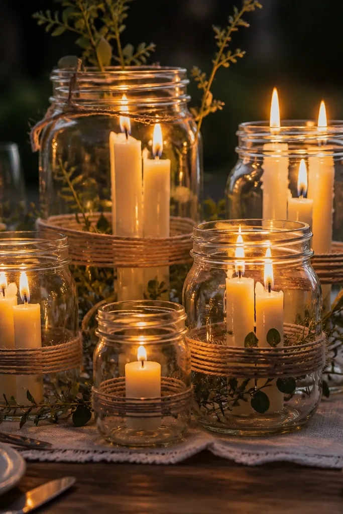 Mason jars with candles grouped together, wrapped with twine and greenery
