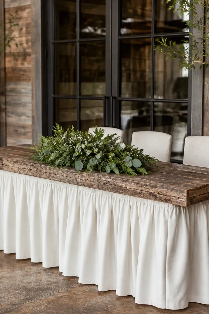 Reclaimed wood head table with a cream fabric skirt and simple greenery